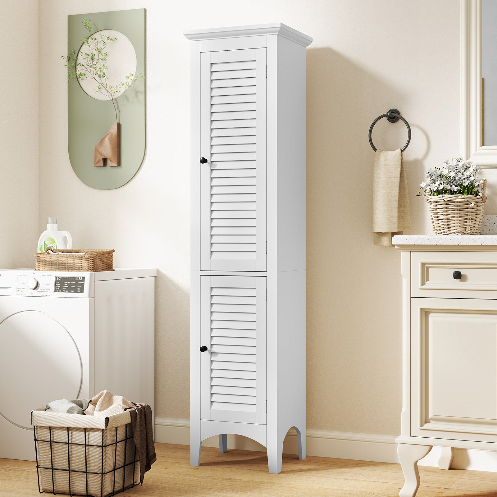 Tall Bathroom Floor Cabinet with Shutter Doors and Adjustable Shelf
