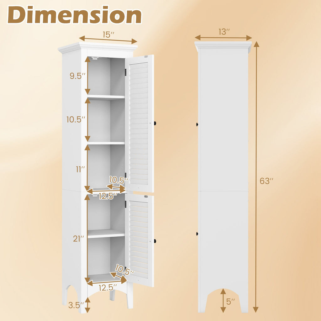 Tall Bathroom Floor Cabinet with Shutter Doors and Adjustable Shelf