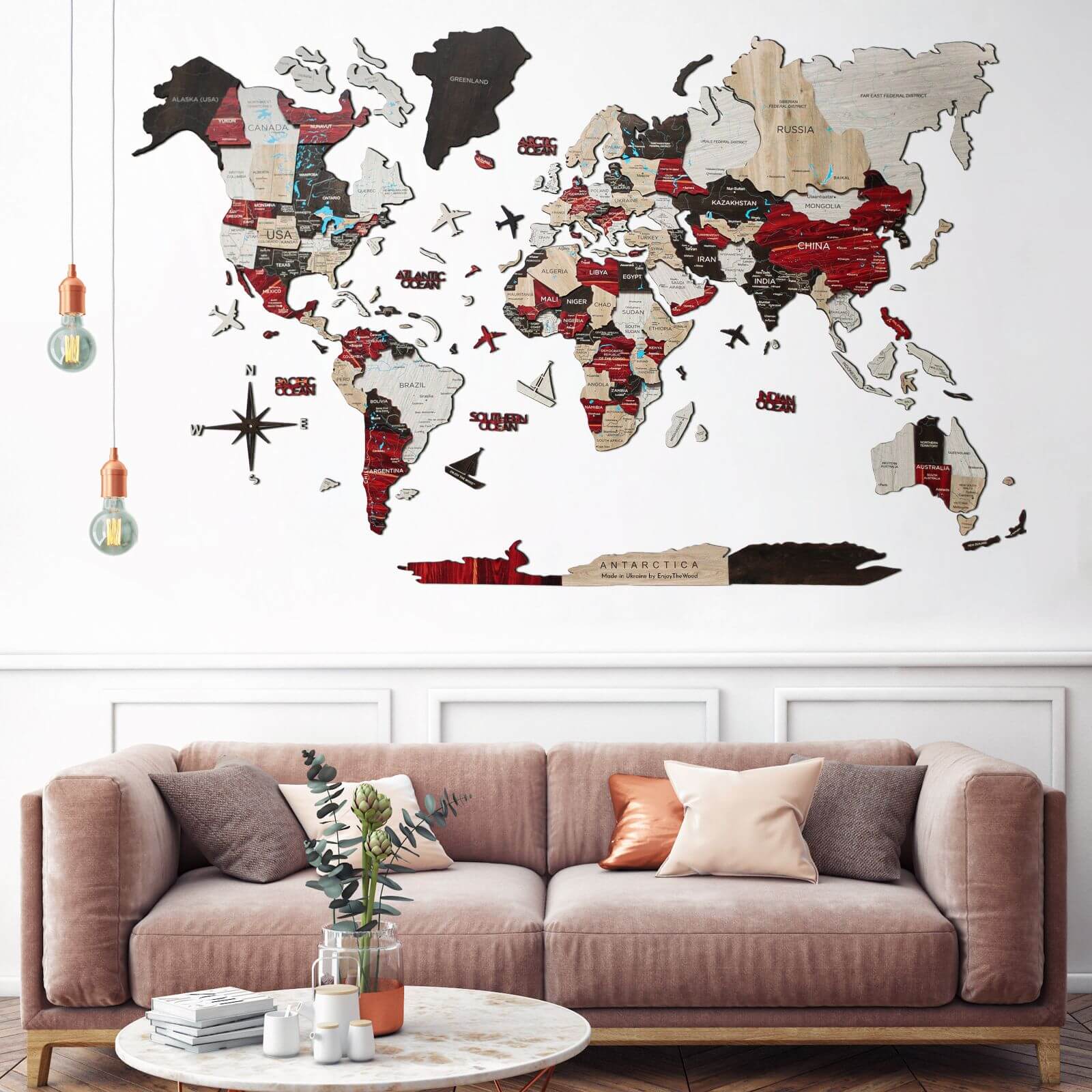 3D Luminous Colored Wooden World Map Urban