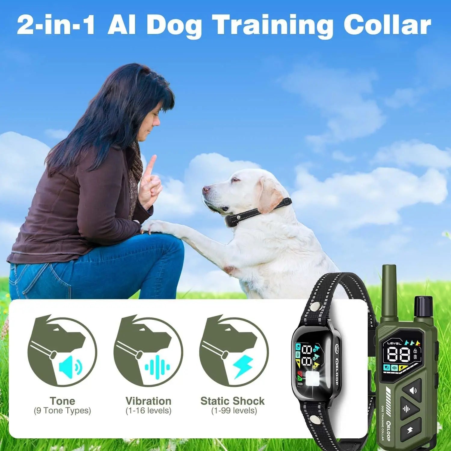 Waterproof Dog Training Collar – AI Bark Control, 3300ft, 3-Dog System, IPX7