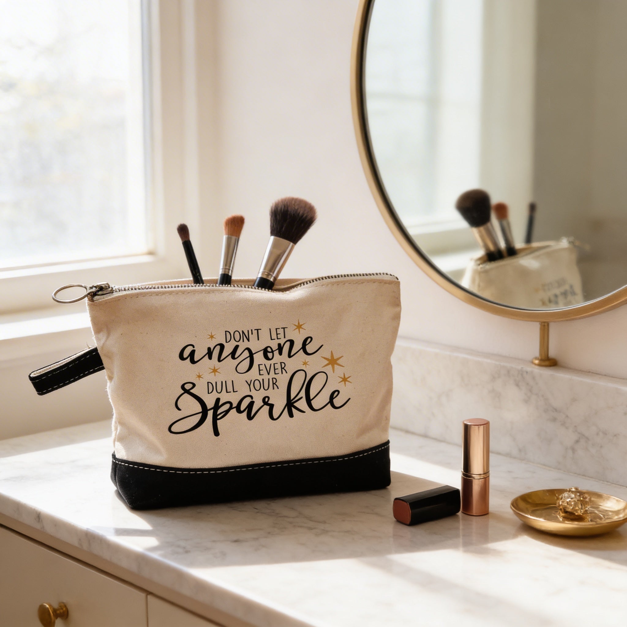 Inspirational Cosmetic Bag - Zipper Pouch - Pencil Case - Gold Sparkle
