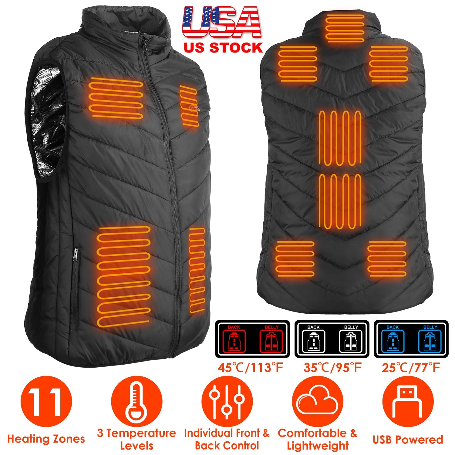 Heated Vest Electric USB Jacket Men Women Heating Coat Thermal Body Warmer Wear with 3 Temperature Levels