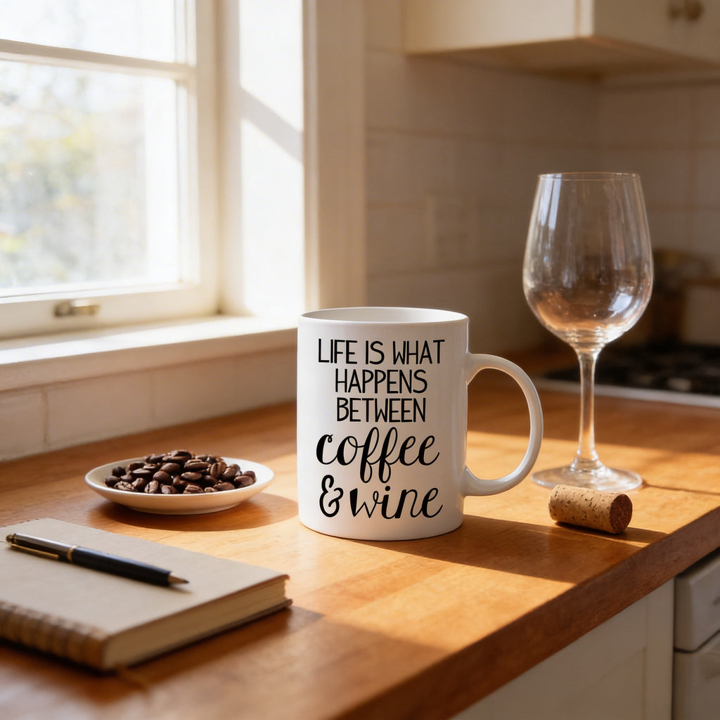 Funny Coffee Mug – Life Is What Happens Between Coffee & Wine | Ceramic Gift