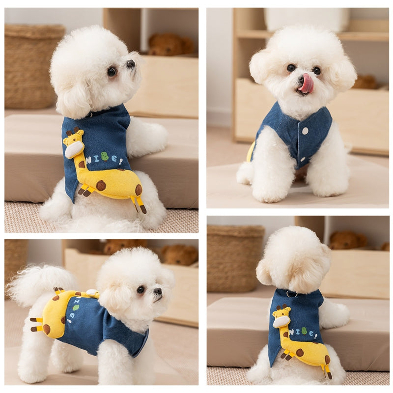 3D Deer Denim Pet Vest, Warm Fleece Lined Pullover For Small Dogs Cats, Winter Costume With Leash Hoo