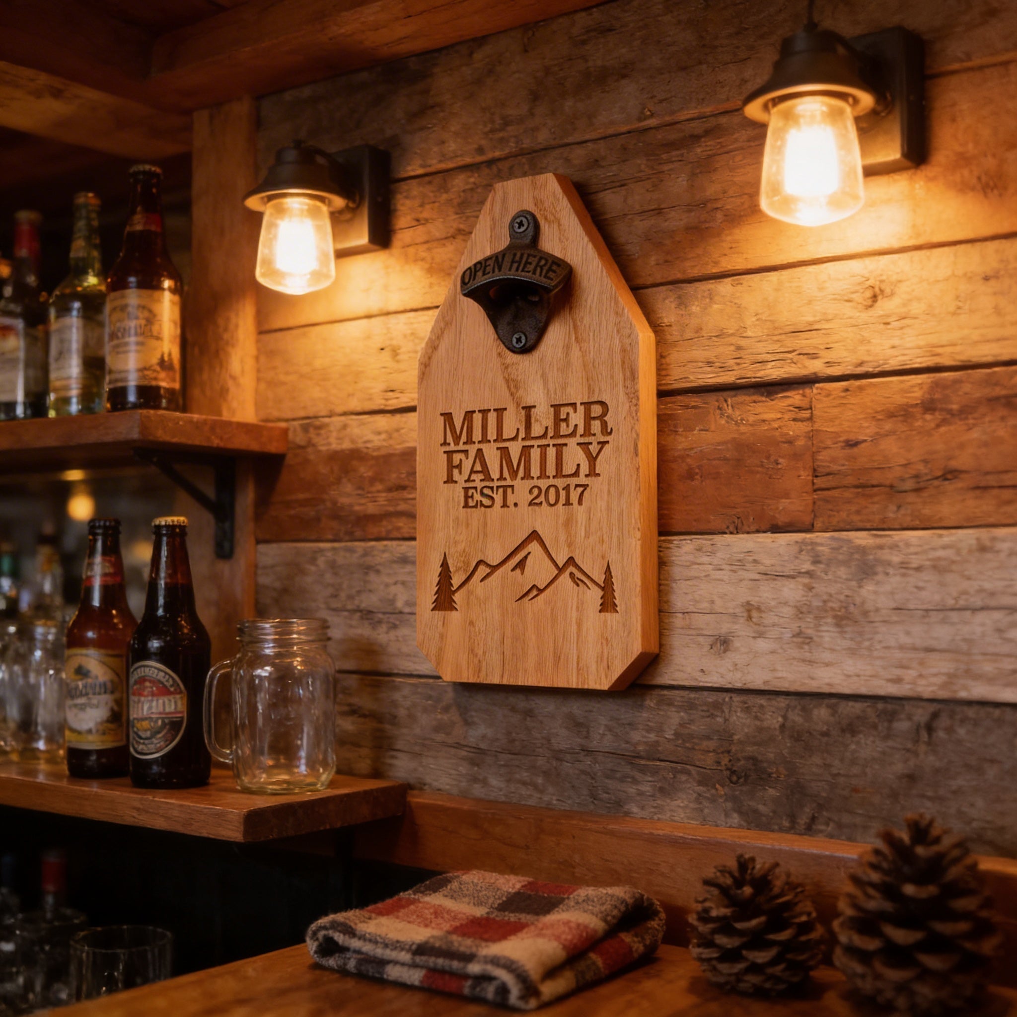 Personalized Wood Sign | Engraved Bottle Opener with Rustic Mountain Cabin Decor & Family Name