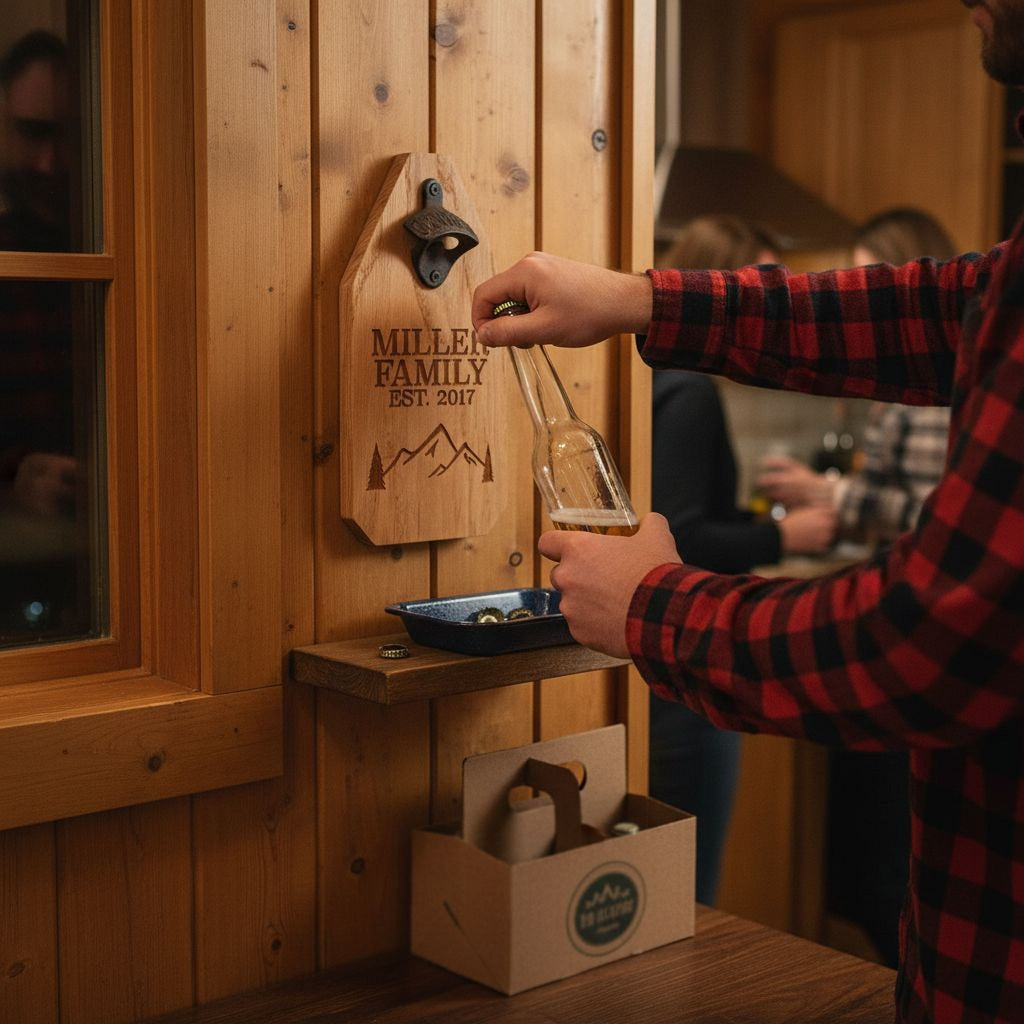 Personalized Wood Sign | Engraved Bottle Opener with Rustic Mountain Cabin Decor & Family Name