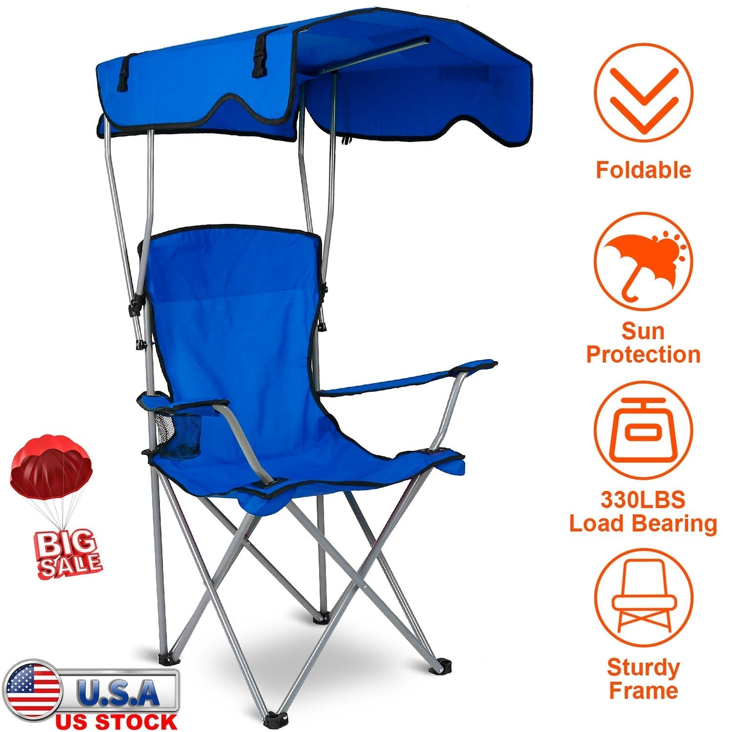 Foldable Beach Canopy Chair Sun Protection Camping Lawn Canopy Chair 330LBS Load Folding Seat w/ Cup Holder For Beach Poolside Travel Picnic