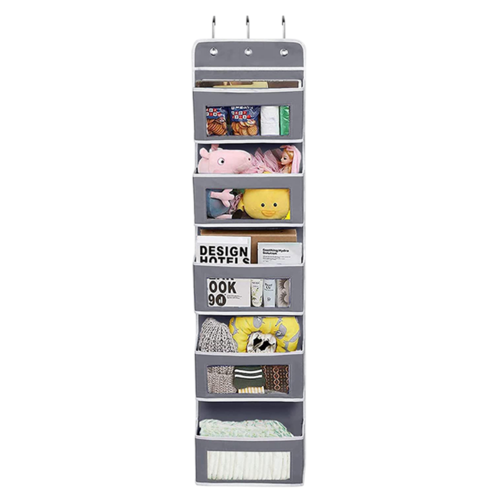 Over the Door Organizer with 5 Clear Window Pockets – Hanging Behind the Door Storage Rack for Closet, Bathroom, Bedroom, Pantry – Space-Saving Door Organizer Hanging System – Gray