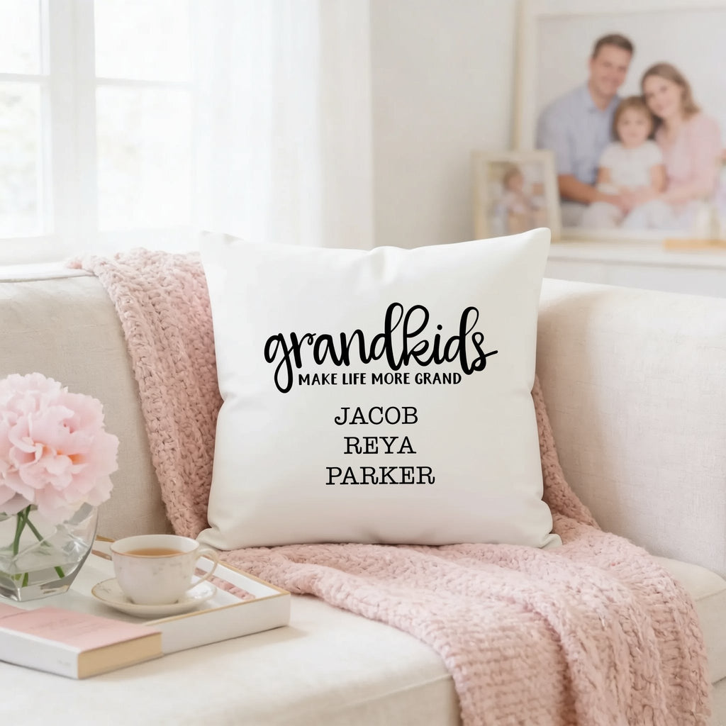 Personalized Pillow Cover - Grandkids Make Life Grand - Christmas Gift for Grandma - Throw Pillow Personalized with Grandchildrens Names