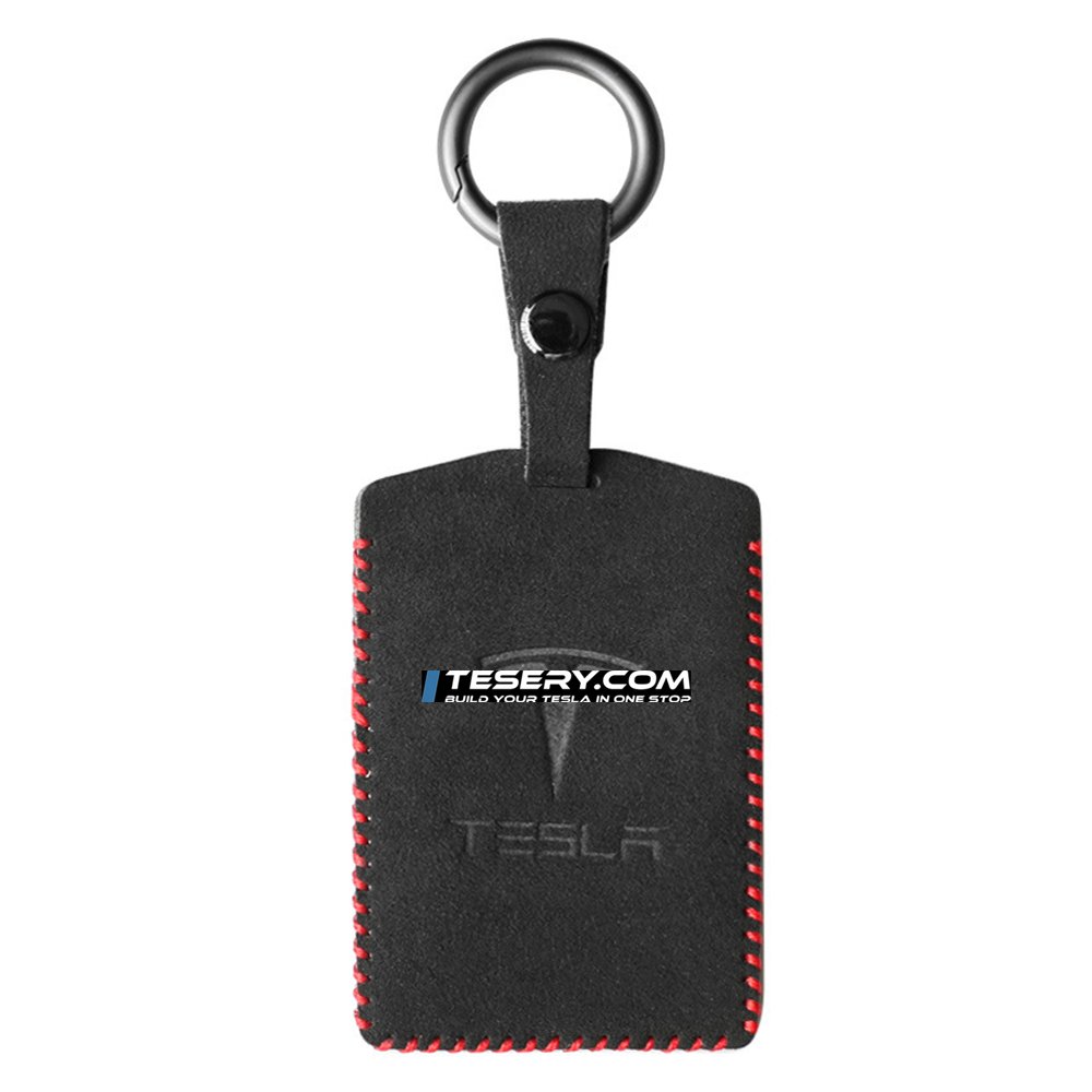 Alcantara Key Card Holder for Model 3/Y | Italian Material | Hook & Keychain | White Stitching