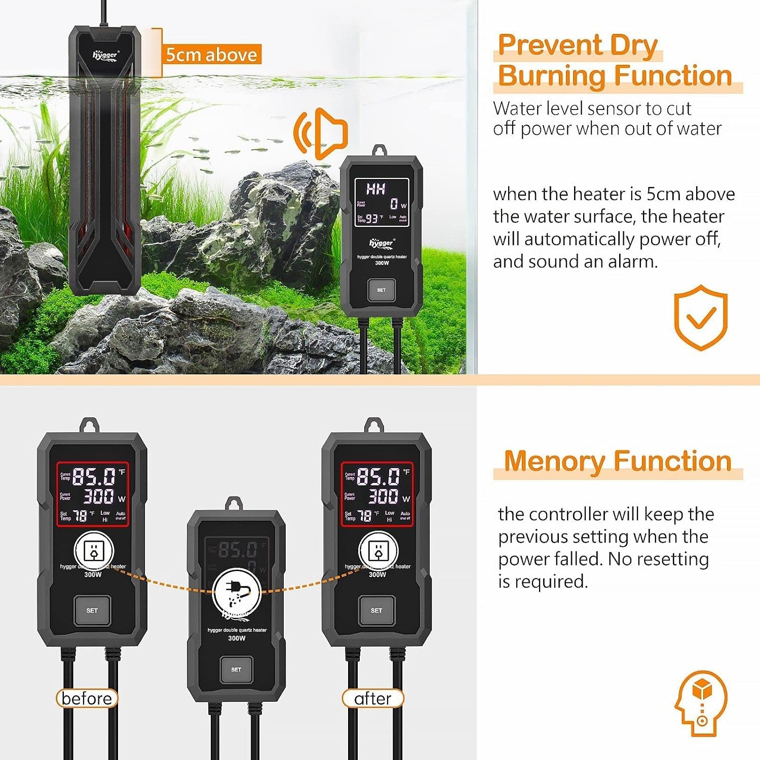 Hygger Aquarium Heater 300W-1000W LED Controller Fresh Saltwater Tank