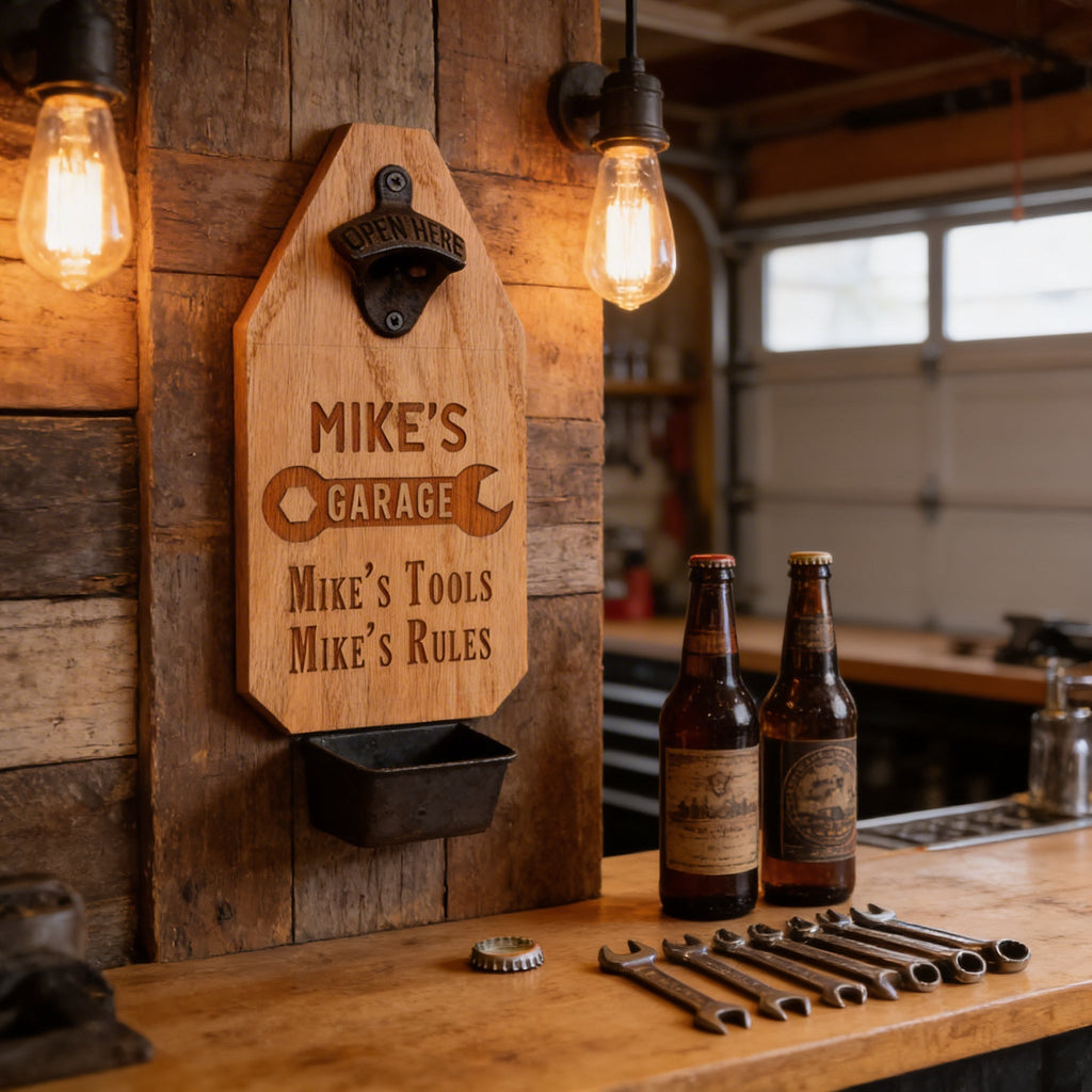 Custom Garage Sign – Personalized Wood Sign with Rustic Bottle Opener & Workshop Wall Art