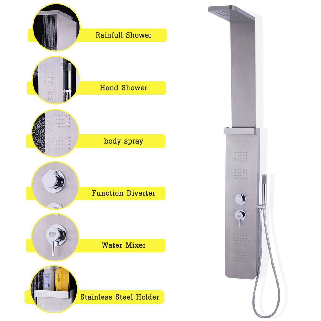 59” Stainless Steel Shower Panel with Massage Jets and Hand Shower