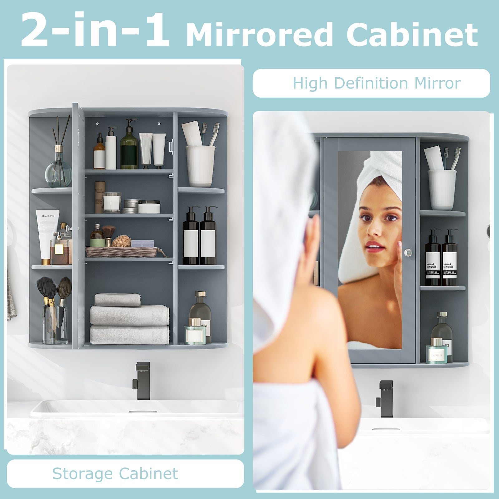 Mirrored Bathroom Medicine Cabinet with Single Mirror Door and Adjustable Shelf