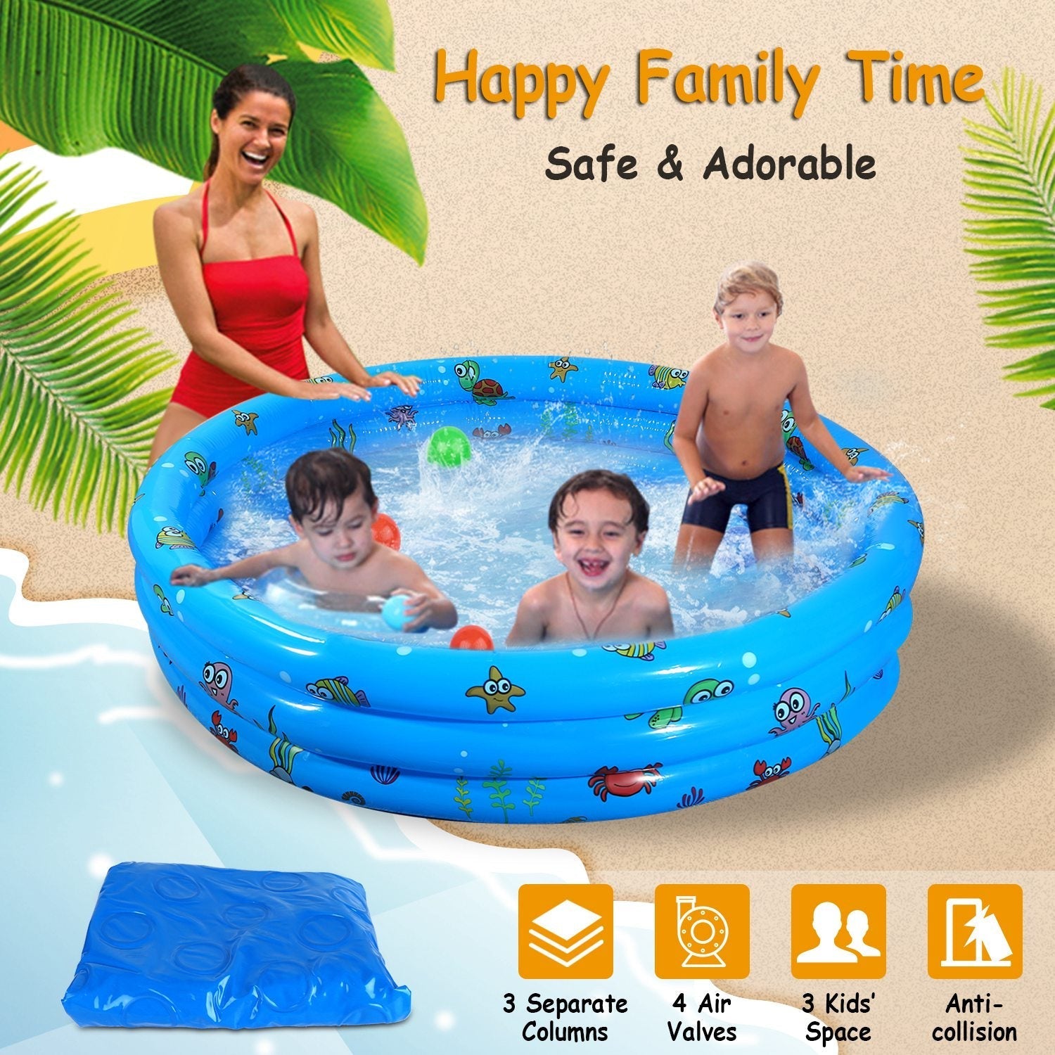 51x13Ó Inflatable Swimming Pool Blow Up Family Pool For 3 Kids Foldable Swim Ball Pool Center w/ 4 Valves Bottom Water Drain Plug For Indoor Backyard