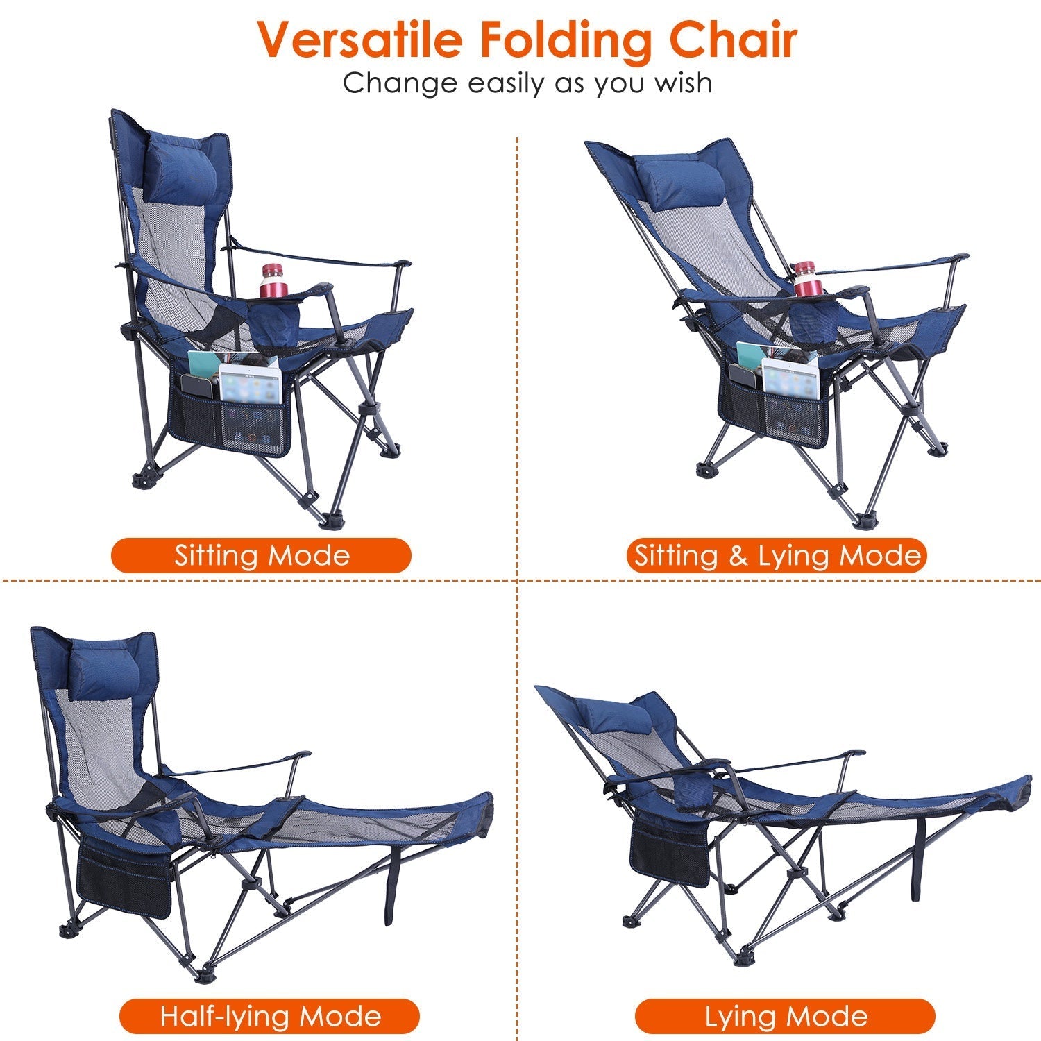 Foldable Camping Chair with Reclining Backrest & Carry Bag
