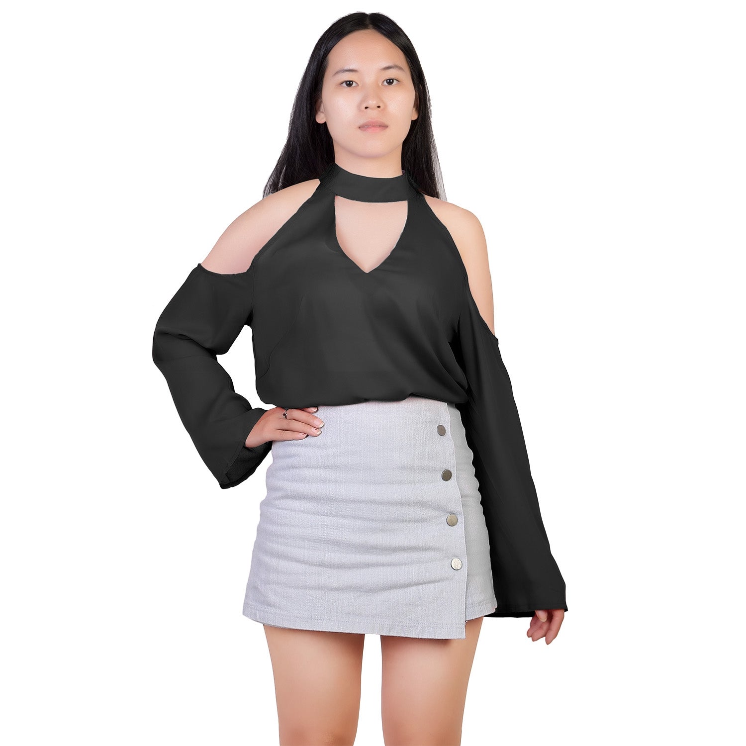 Off-the-Shoulder Blouse with V-Neck and Long Sleeves