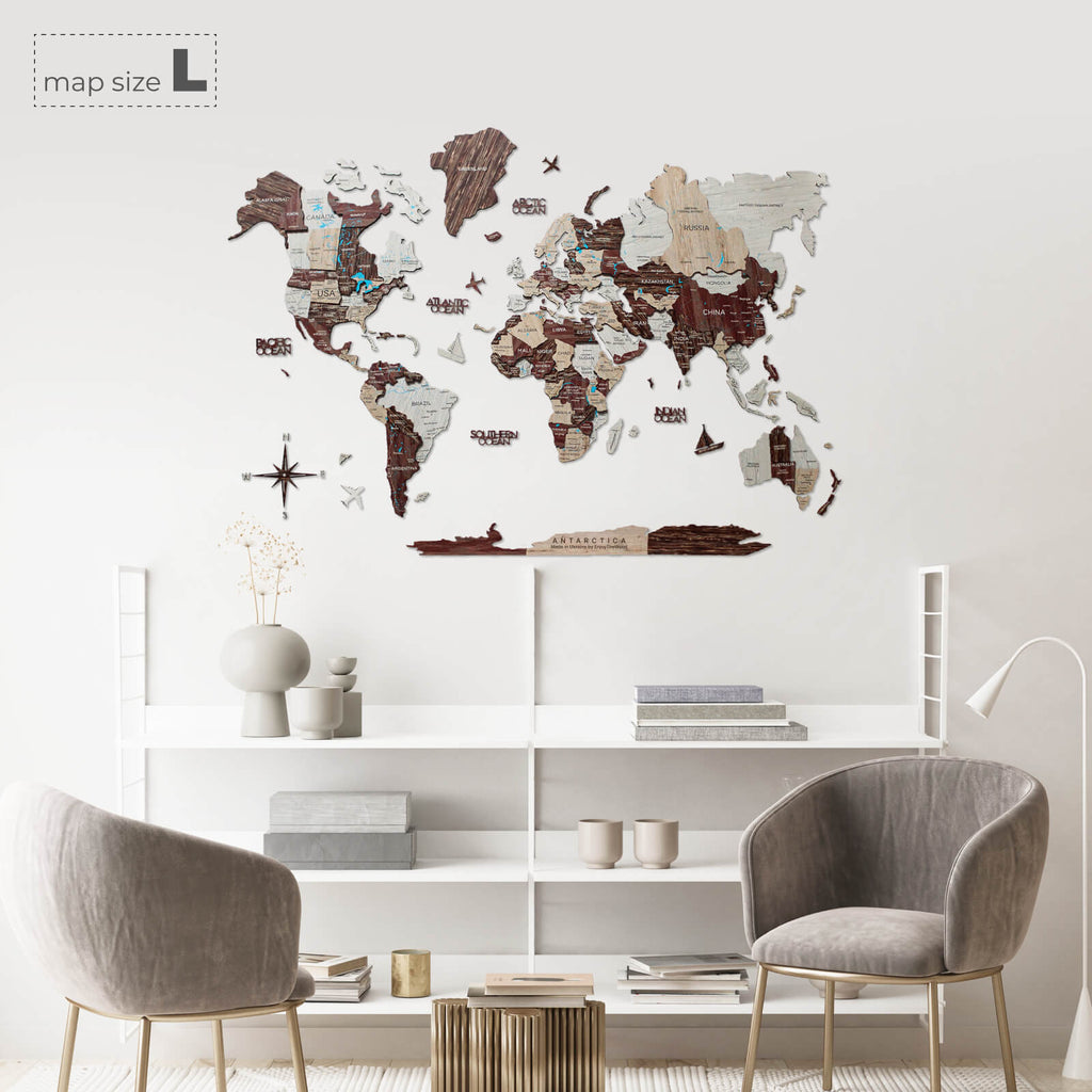 3D Wooden World Map Cappuccino (for US only)