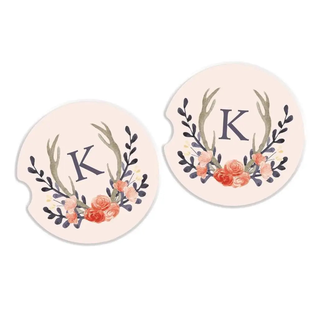 Car Coaster - Personalized Sandstone Car Cup Holder Coaster - Car Accessory - Floral Wreath Antlers