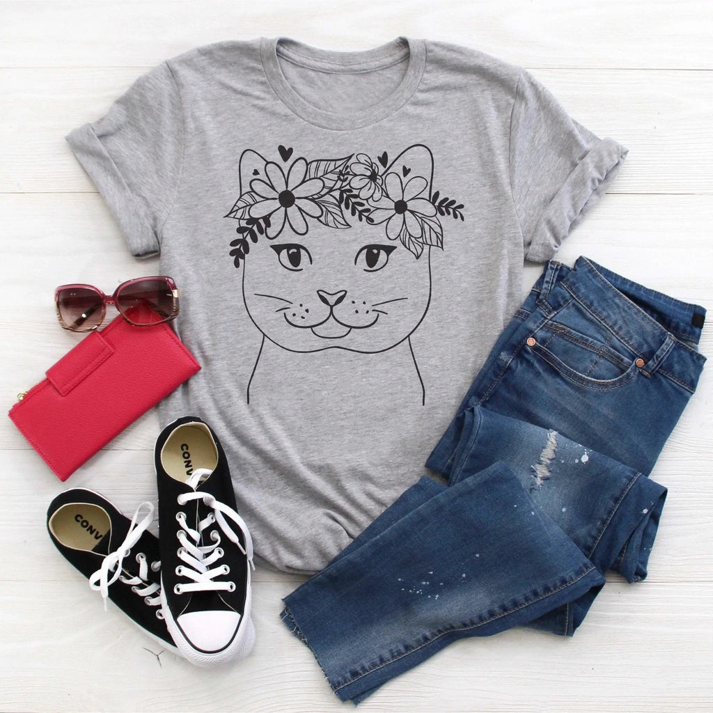 Cute Cat with flowers tshirt, cat lover tshirt