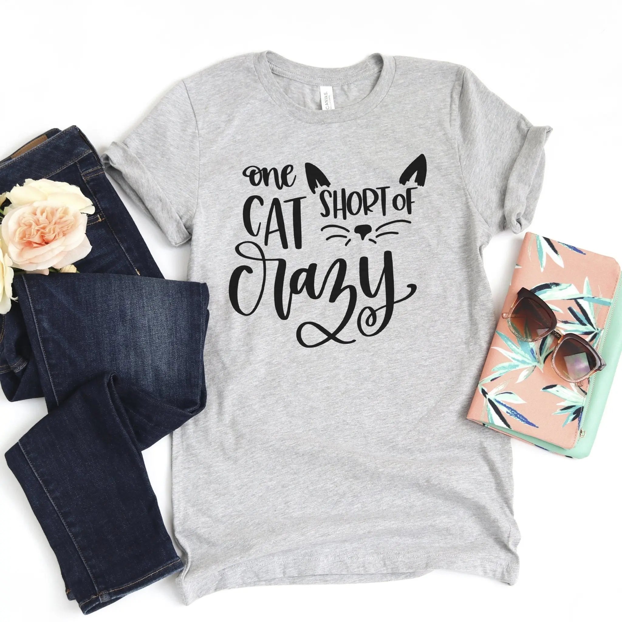 cat tshirt, One Cat Short of Crazy T-shirt, cat tshirts women, cat woman tshirt