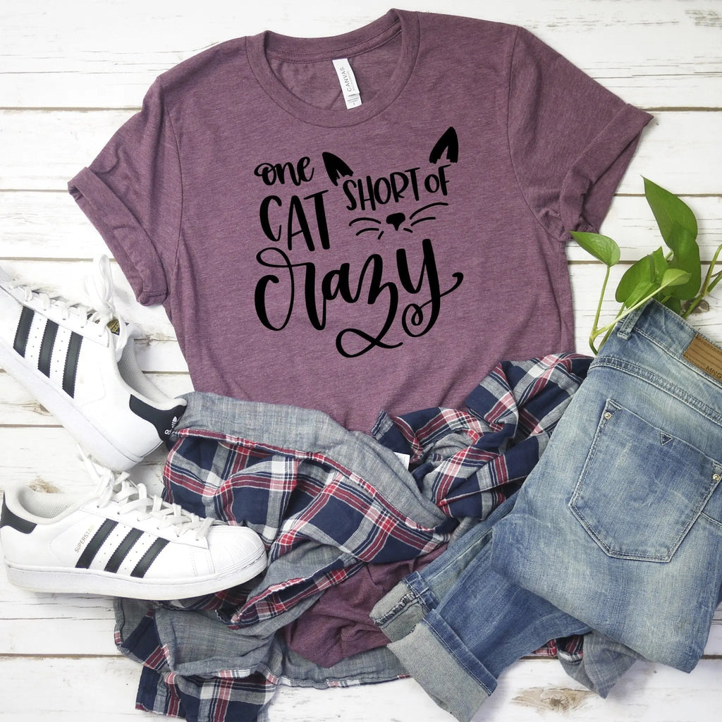 cat tshirt, One Cat Short of Crazy T-shirt, cat tshirts women, cat woman tshirt