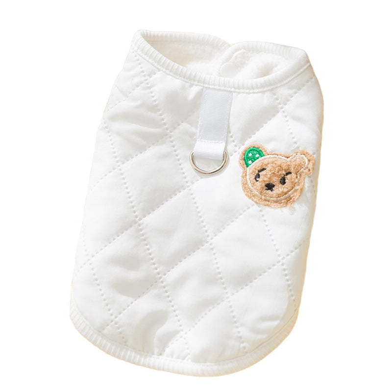 Cute Bear Patch Quilted Pet Vest, Warm Padded Dog Gilet For Small Dogs With Retro Style