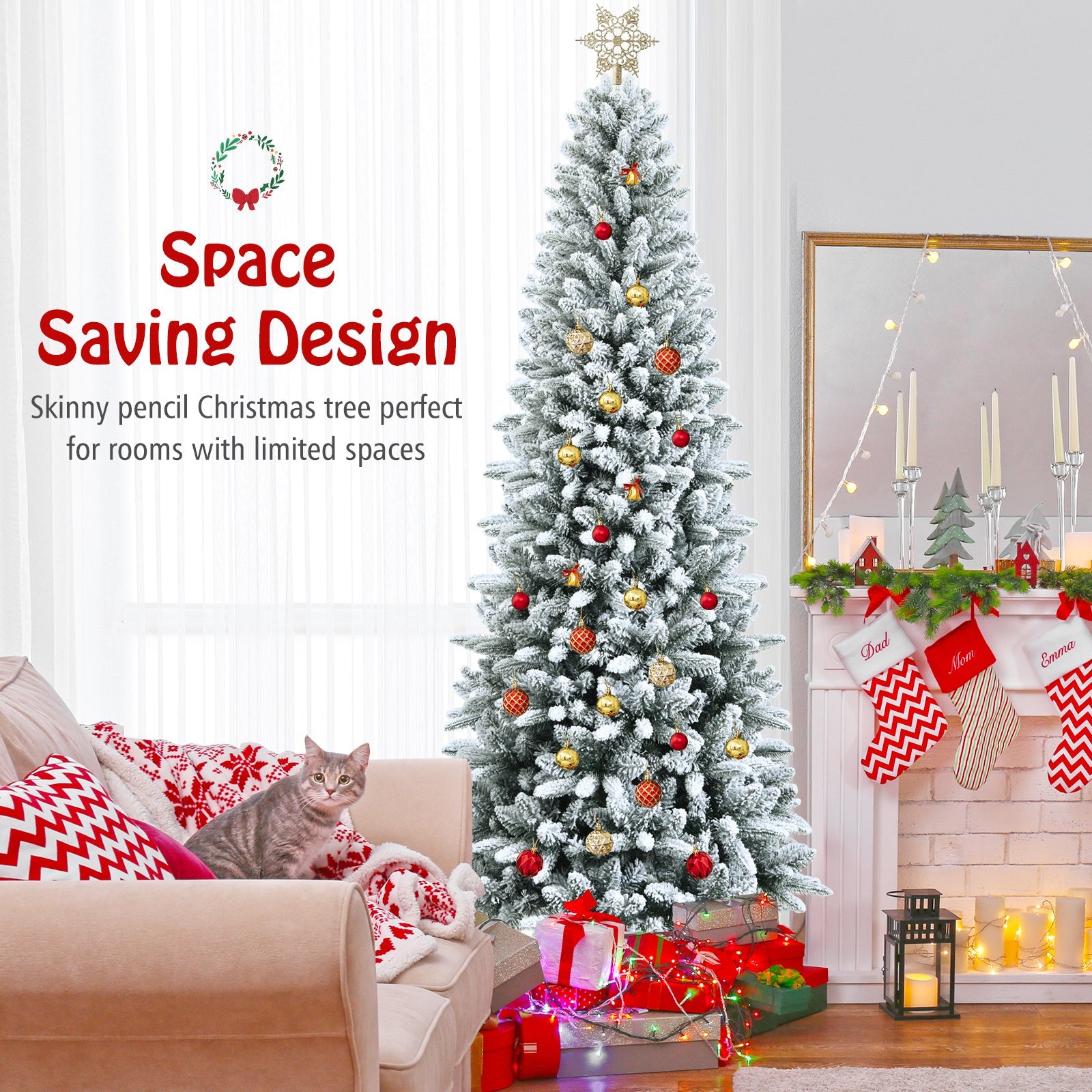 Snow-Flocked Hinged Artificial Christmas Pencil Tree with Mixed Tips
