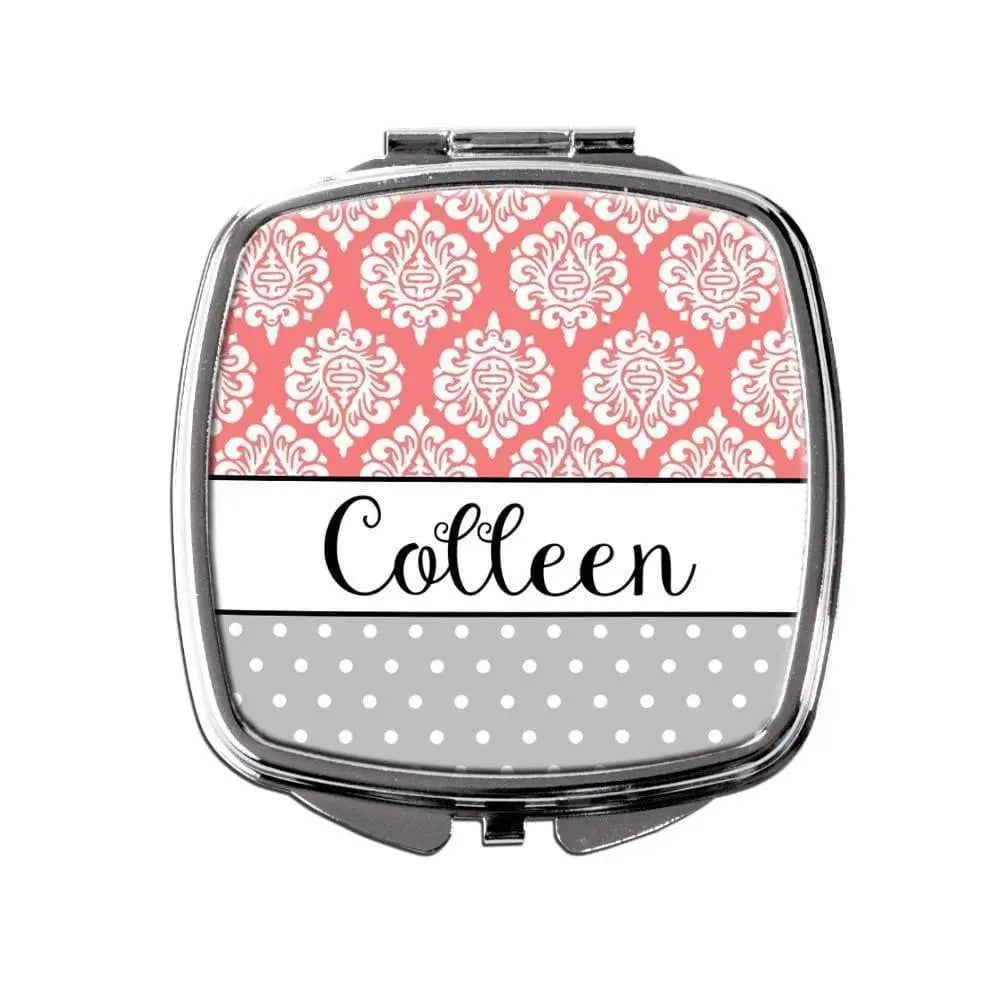 Coral & Gray Personalized Bridesmaids Gift Purse Mirror