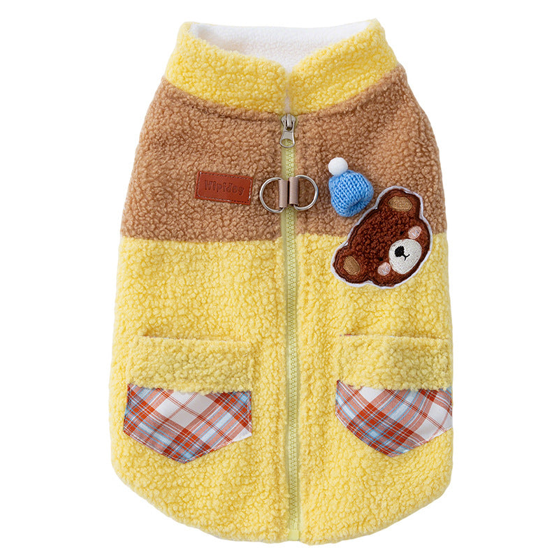 Cute Bear Embroidered Pet Fleece Jacket With Plaid Pockets, Warm Zippered Dog Coat With Leash Ring For Small Dogs