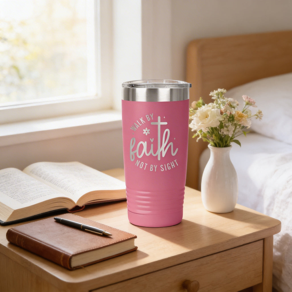 Christian Travel Tumbler with “Walk by Faith Not by Sight” Quote – Insulated Stainless Steel Pink Cup with Lid – Religious Gift for Women