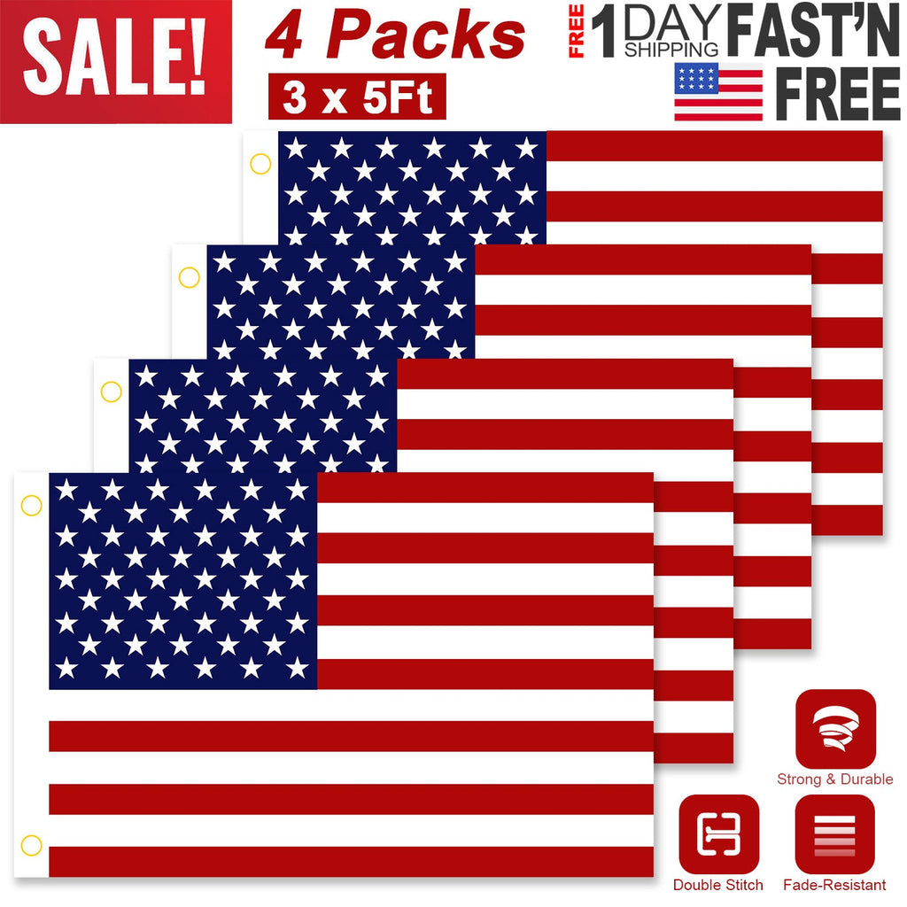 4 Pcs 3 x 5 Ft American US Flags Vivid Color and UV Fade Resistant Canvas Header Double Stitched with Brass Grommets for Indoor Outdoor