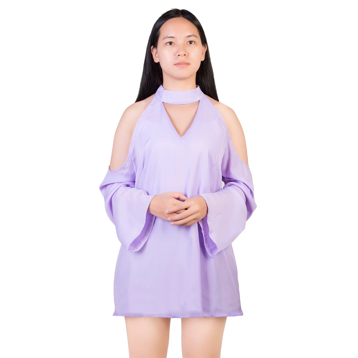 Off-the-Shoulder Blouse with V-Neck and Long Sleeves