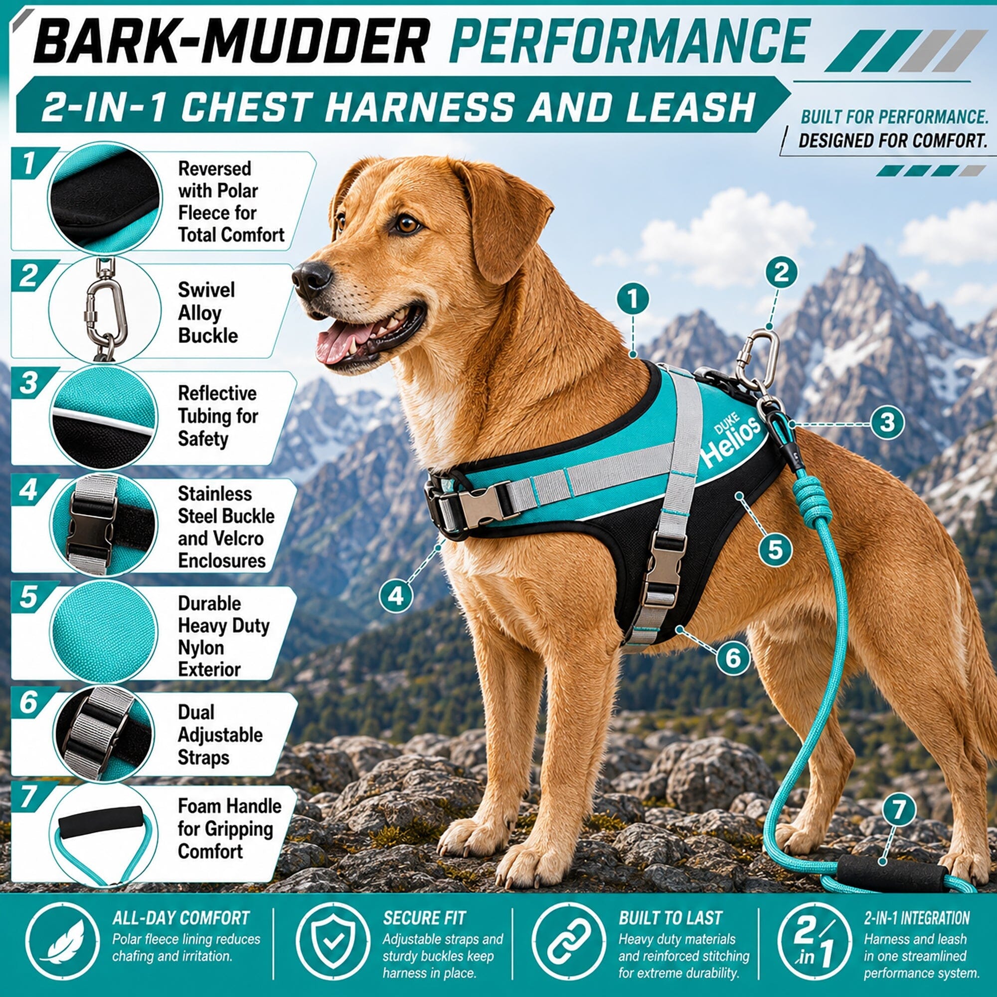 Dog Helios ® 'Bark-Mudder' 2-in-1 Reflective and Adjustable Sporty Dog Harness and Leash
