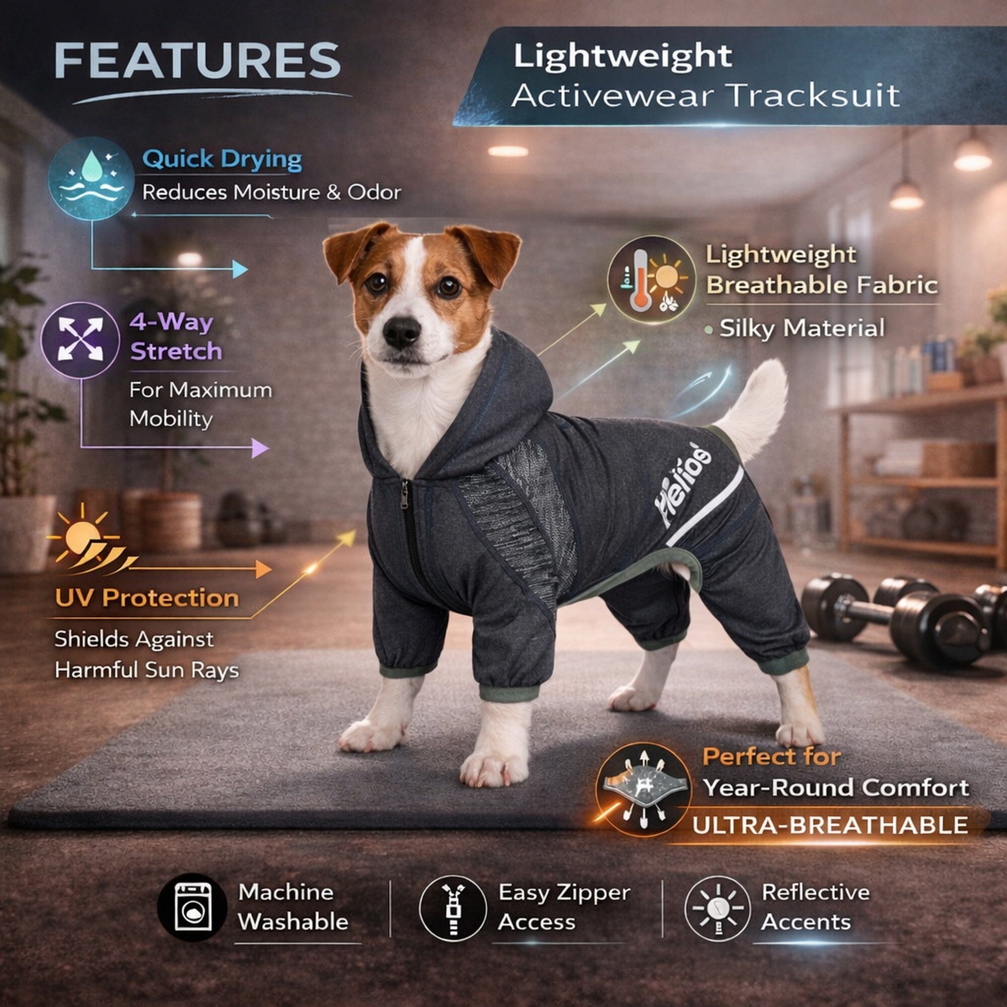 Dog Helios ® 'Namastail' Lightweight 4-Way-Stretch Yoga Performance Dog Tracksuit Hoodie