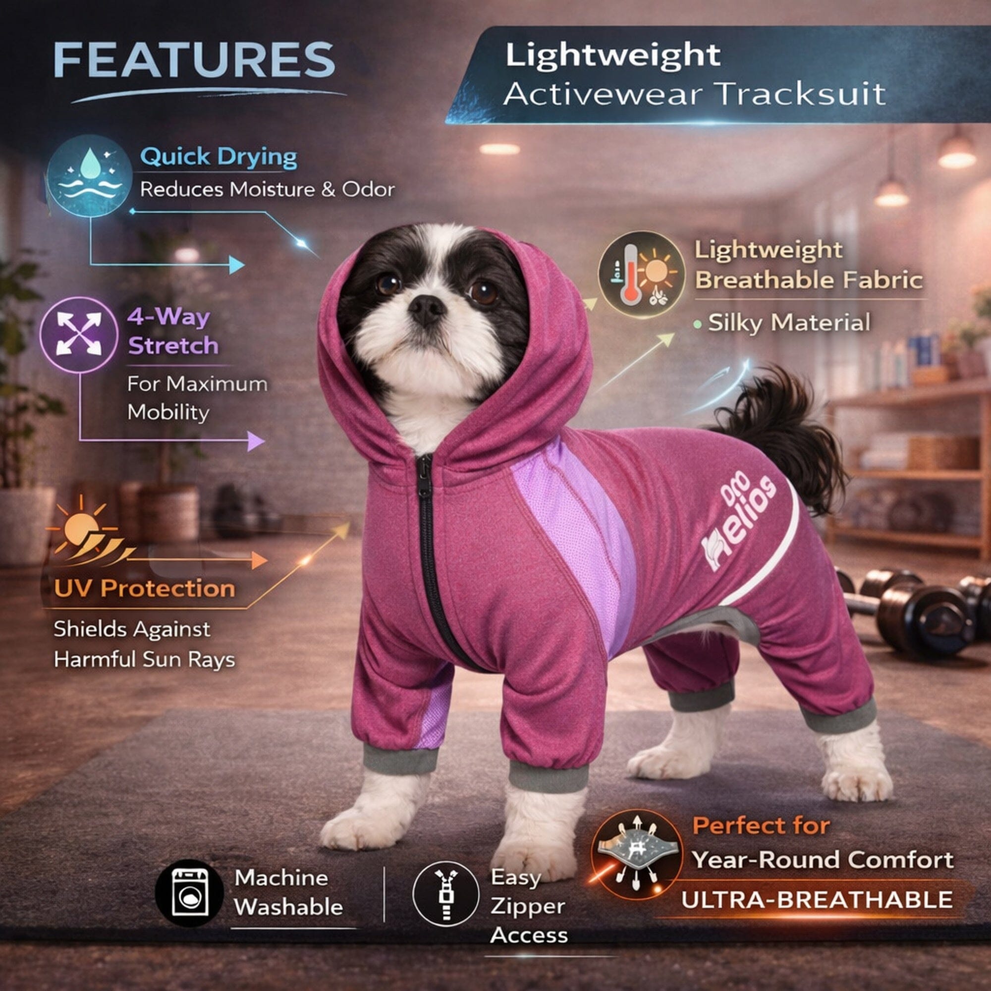 Dog Helios ® 'Namastail' Lightweight 4-Way-Stretch Yoga Performance Dog Tracksuit Hoodie