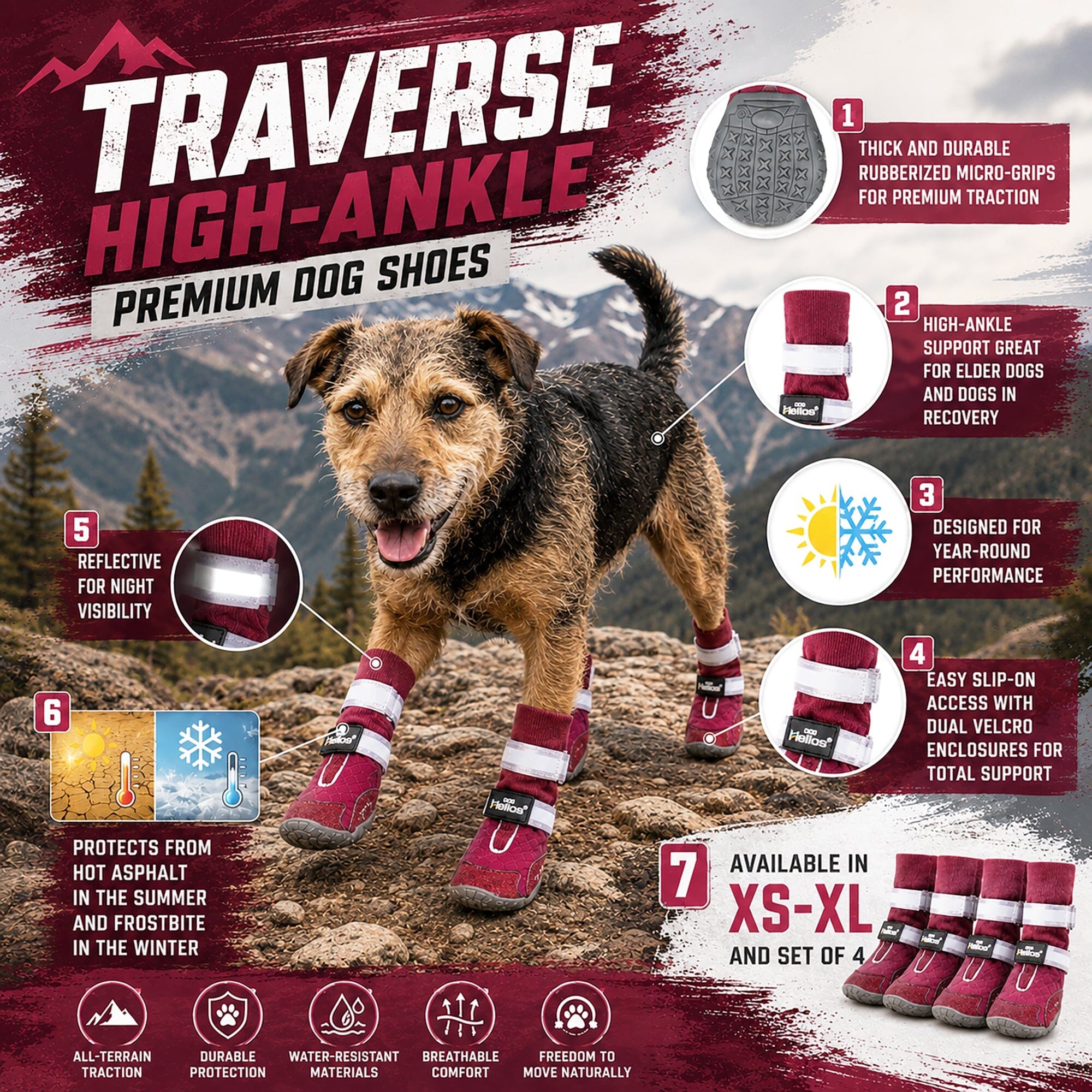 Dog Helios 'Traverse' Premium Grip High-Ankle Outdoor Dog Boots - Set Of 4