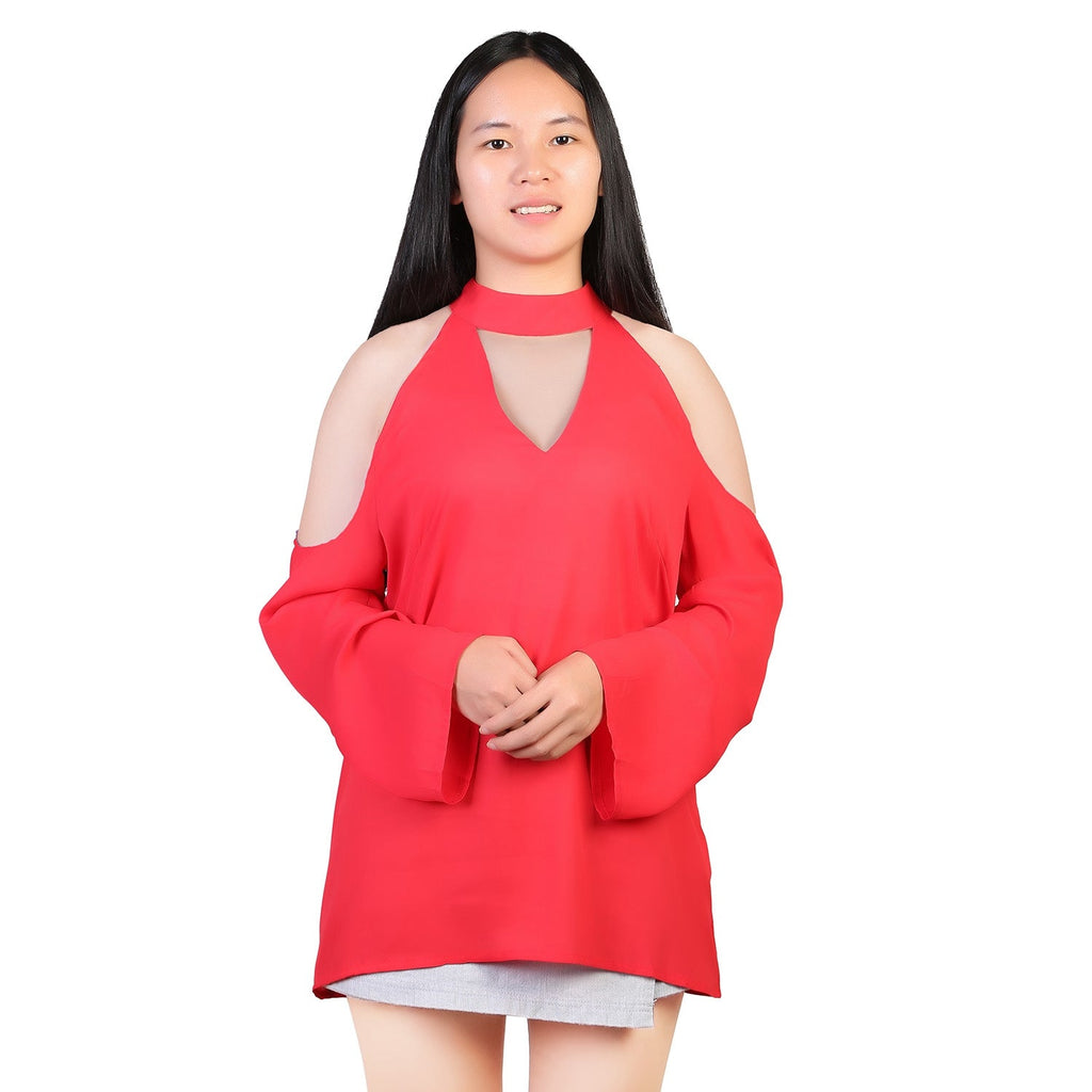 Off-the-Shoulder Blouse with V-Neck and Long Sleeves