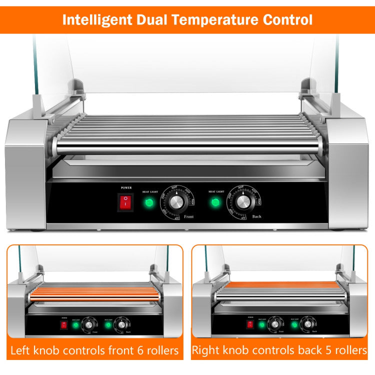 Stainless Steel 11-Roller Hot Dog Cooker, Holds 30 Hot Dogs