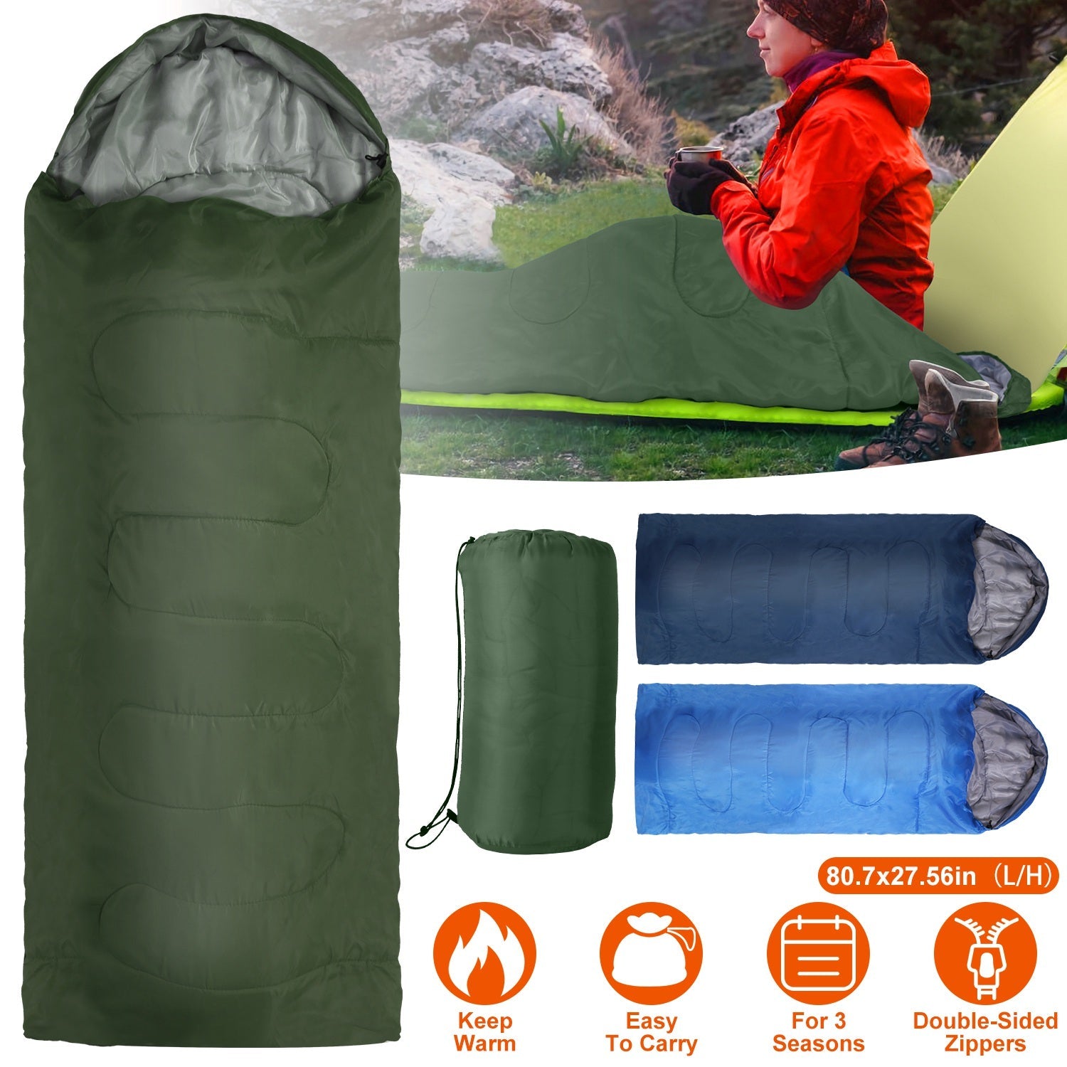 Camping Sleeping Bag for Adults & Teens – Moisture-Proof, 32–50℉