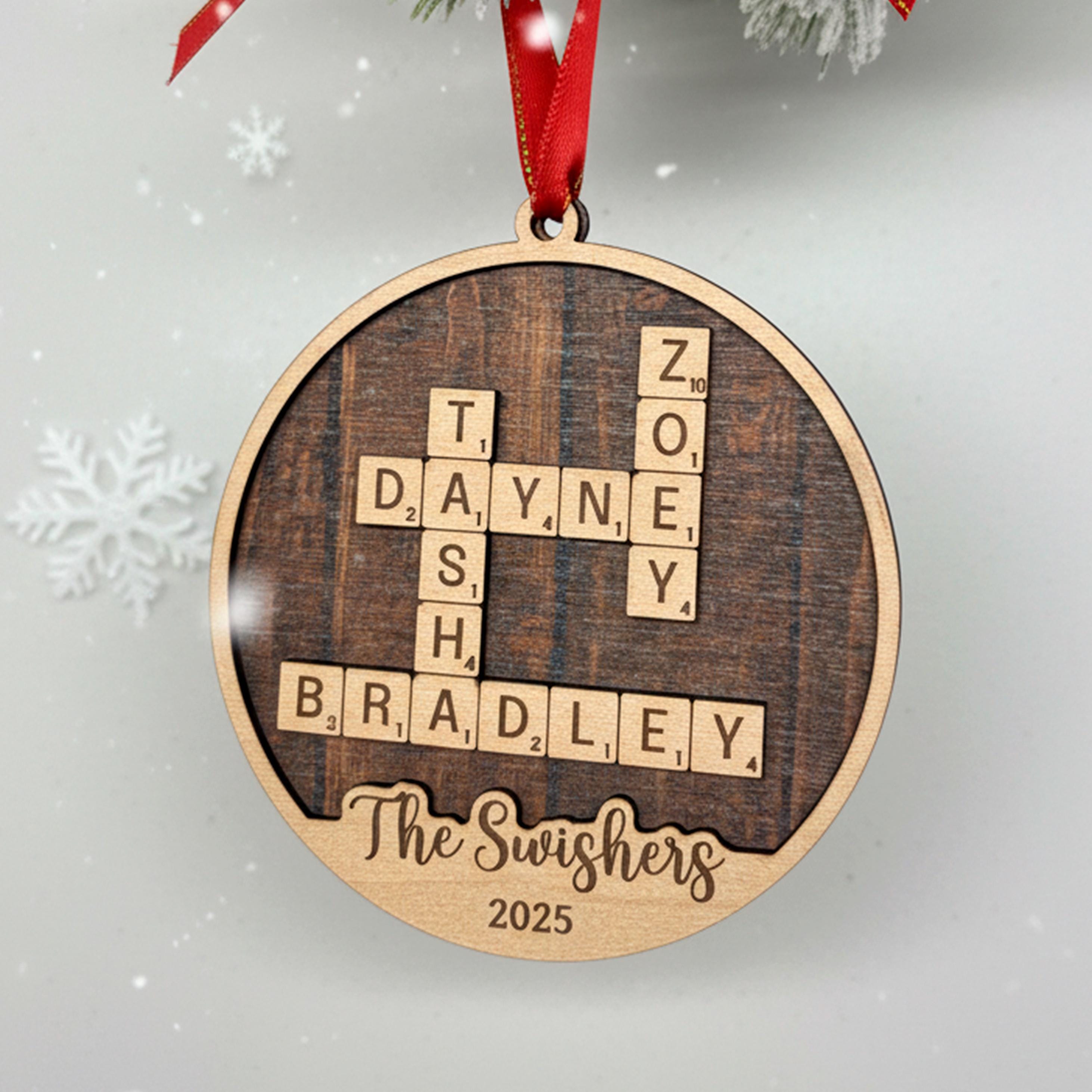 Custom Wooden Christmas Ornament - Family Name Laser Engraved Puzzle Keepsake