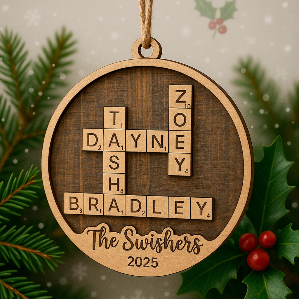 Custom Wooden Christmas Ornament - Family Name Laser Engraved Puzzle Keepsake