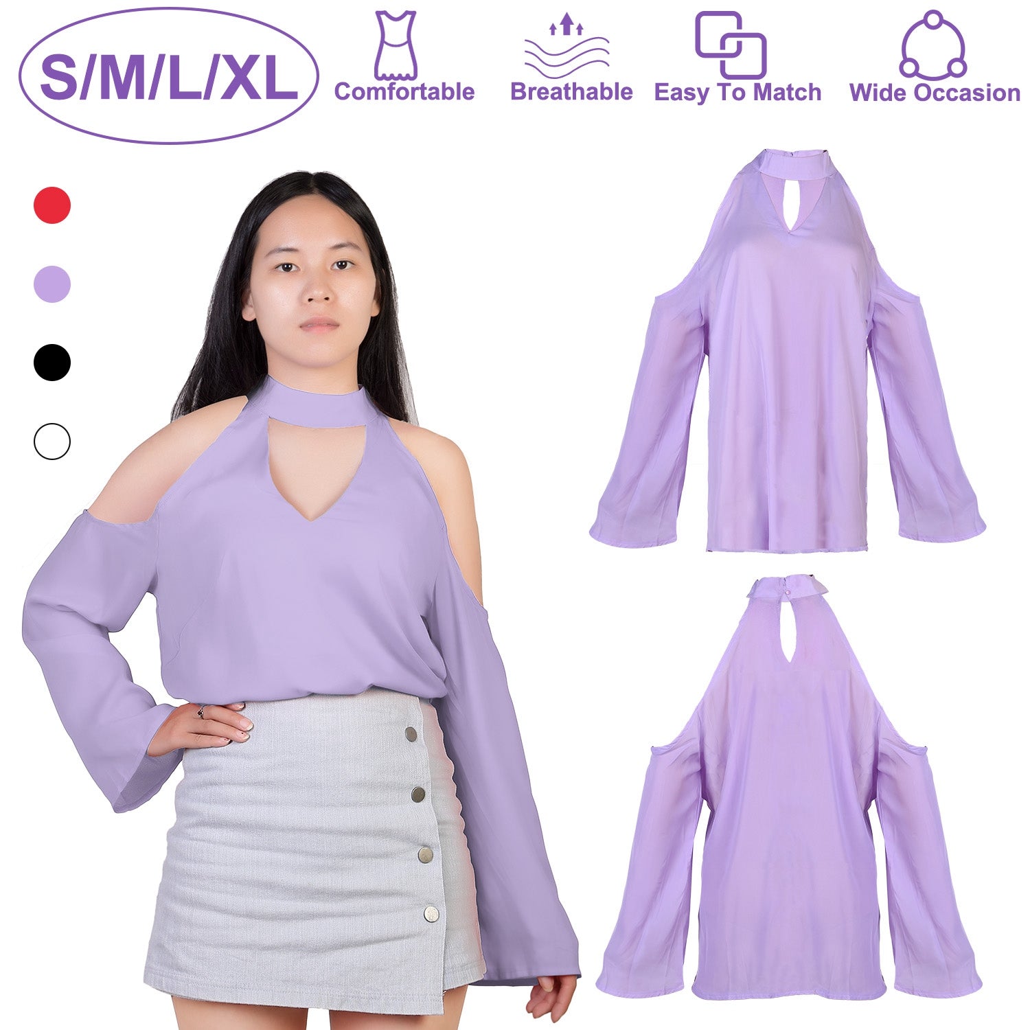 Off-the-Shoulder Blouse with V-Neck and Long Sleeves