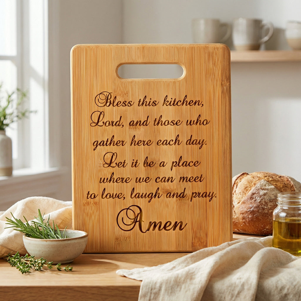 Kitchen Prayer Bamboo Cutting Board - Christian Housewarming Gift - Bless this kitchen