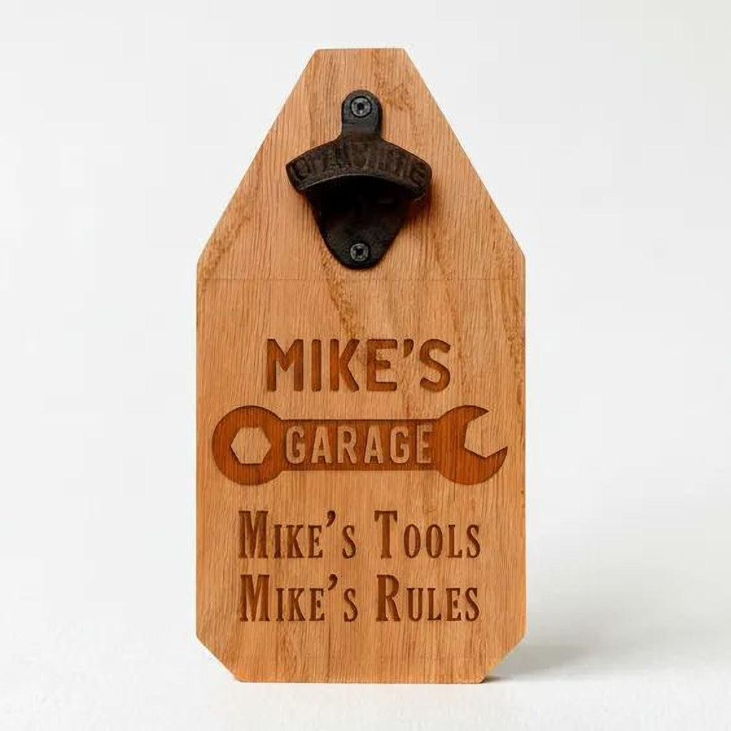 Custom Garage Sign – Personalized Wood Sign with Rustic Bottle Opener & Workshop Wall Art
