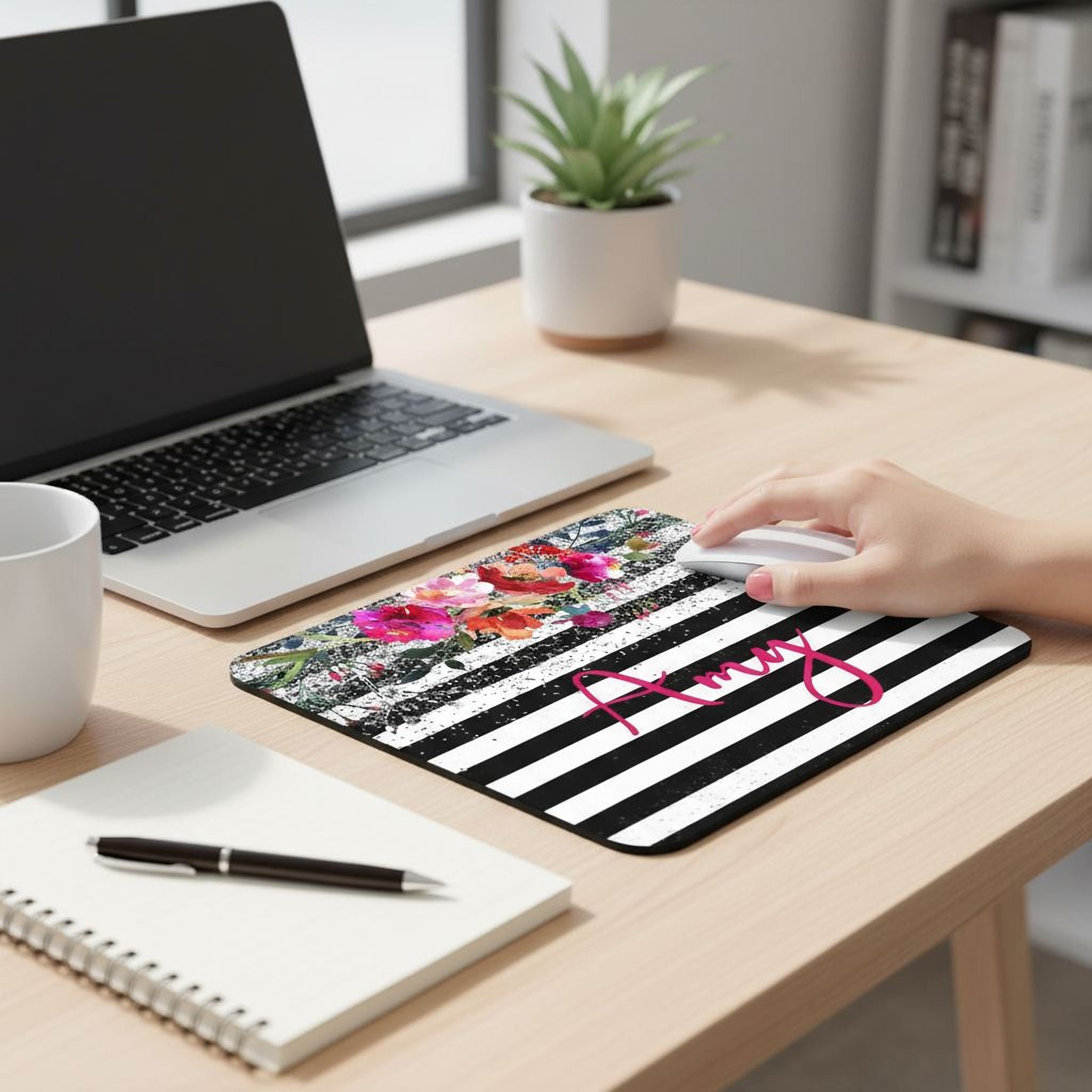 Personalized Floral Mousepad - Watercolor Mouse Pad With Silver Glitter Design
