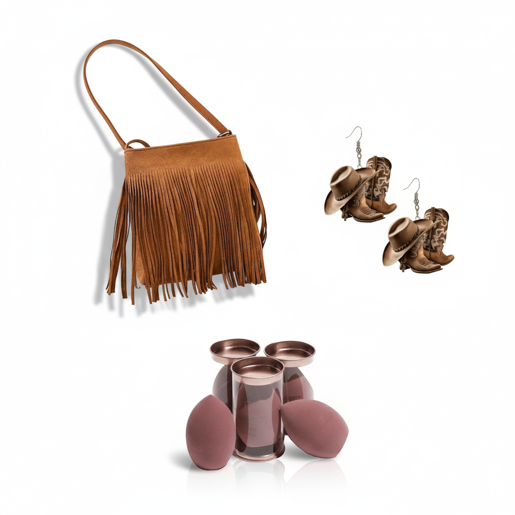 Fall Fashionista 3-Piece Set: Fringe Crossbody Bag + Cowboy Boot Earrings + Makeup Sponges