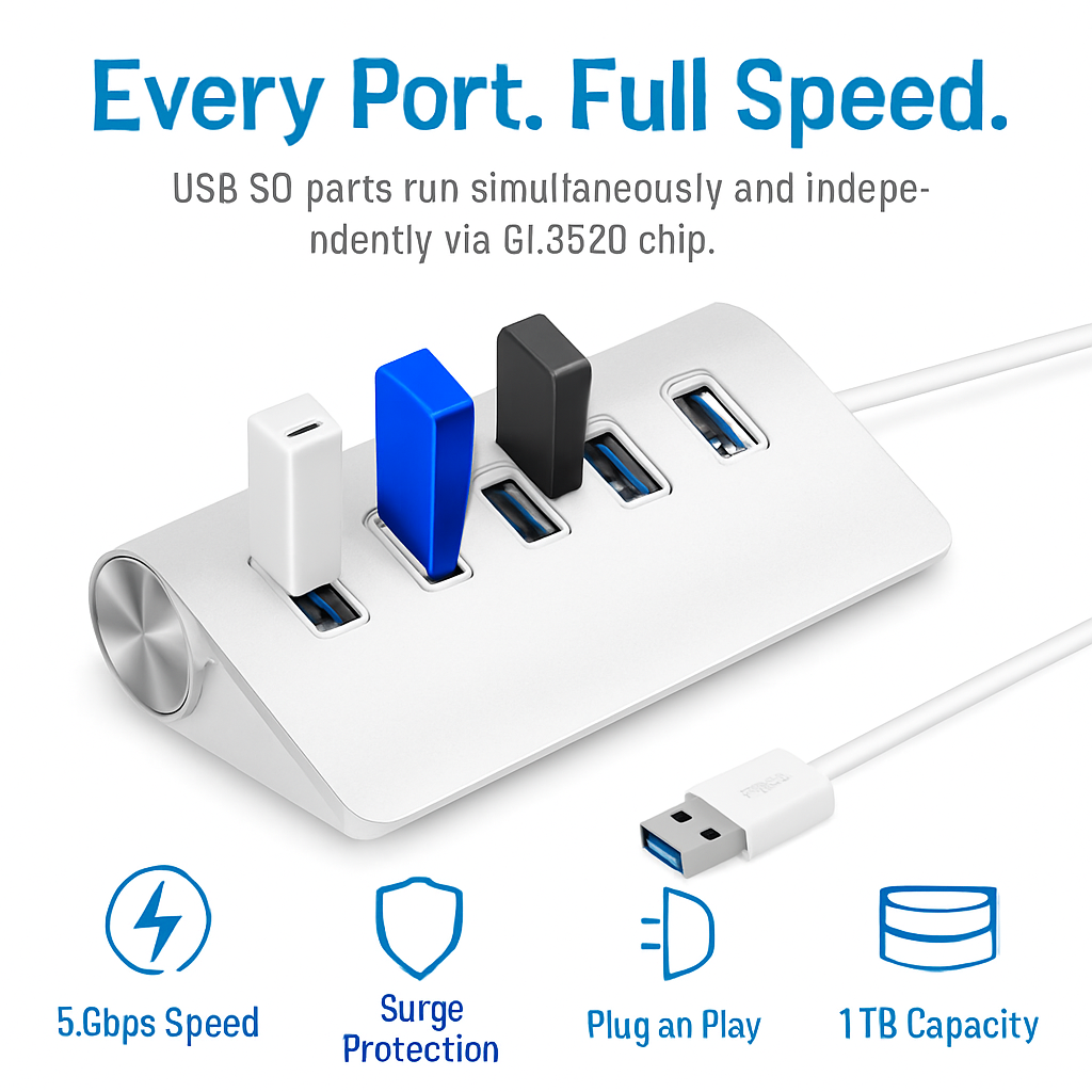 USB 3.0 Hub Aluminum Expansion Dock with Four Ports