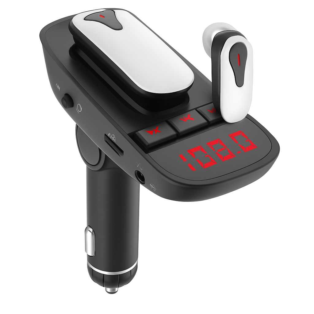 Car FM Transmitter with Wireless Earpiece for Hands-Free