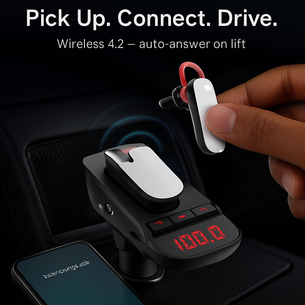 Car FM Transmitter with Wireless Earpiece for Hands-Free